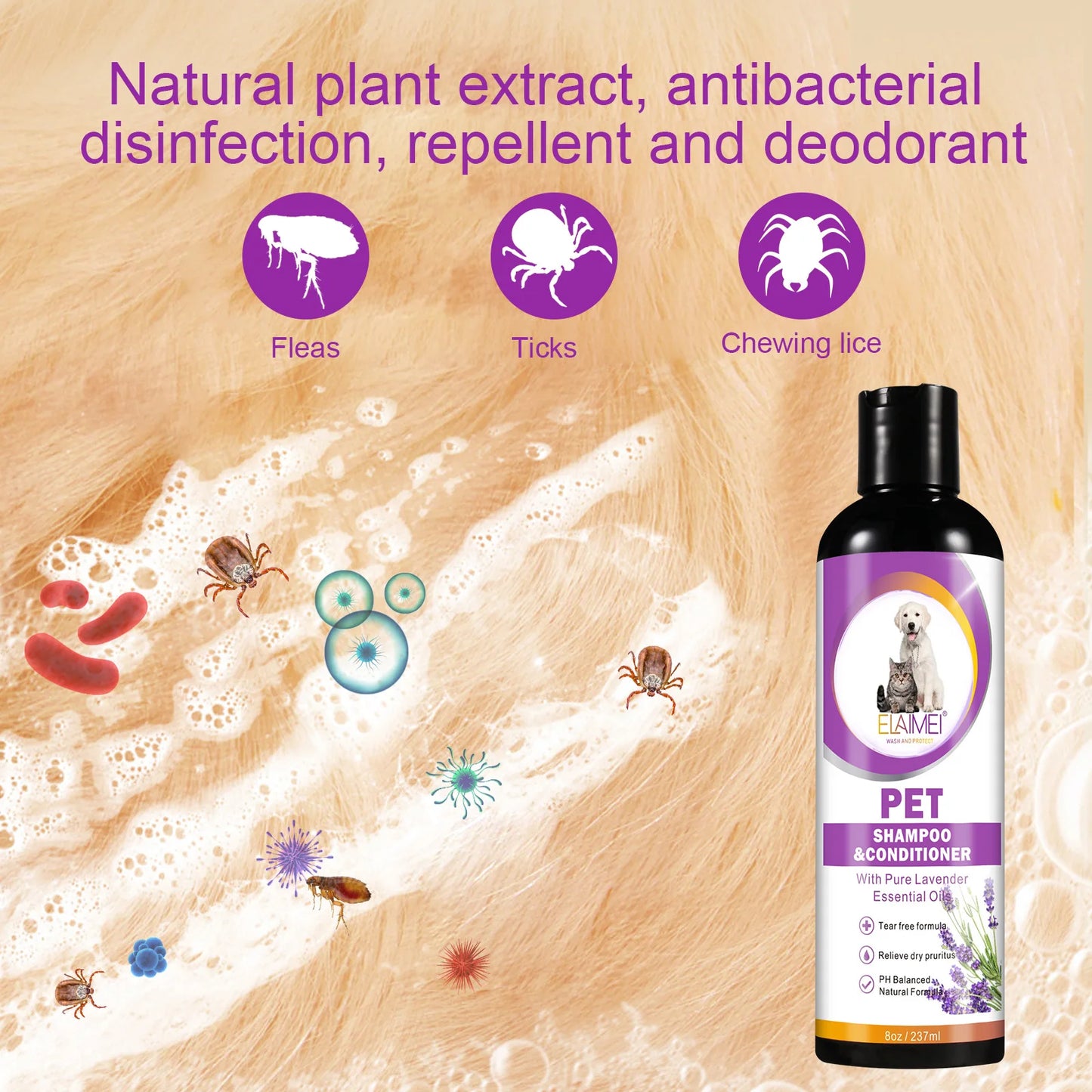 Pet shampoo for cats & dogs, care for hair, relieve dryness and itching, eliminate body odor