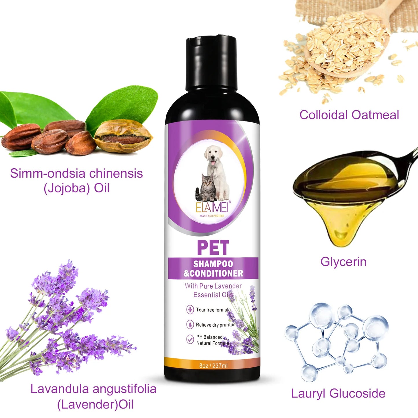 Pet shampoo for cats & dogs, care for hair, relieve dryness and itching, eliminate body odor