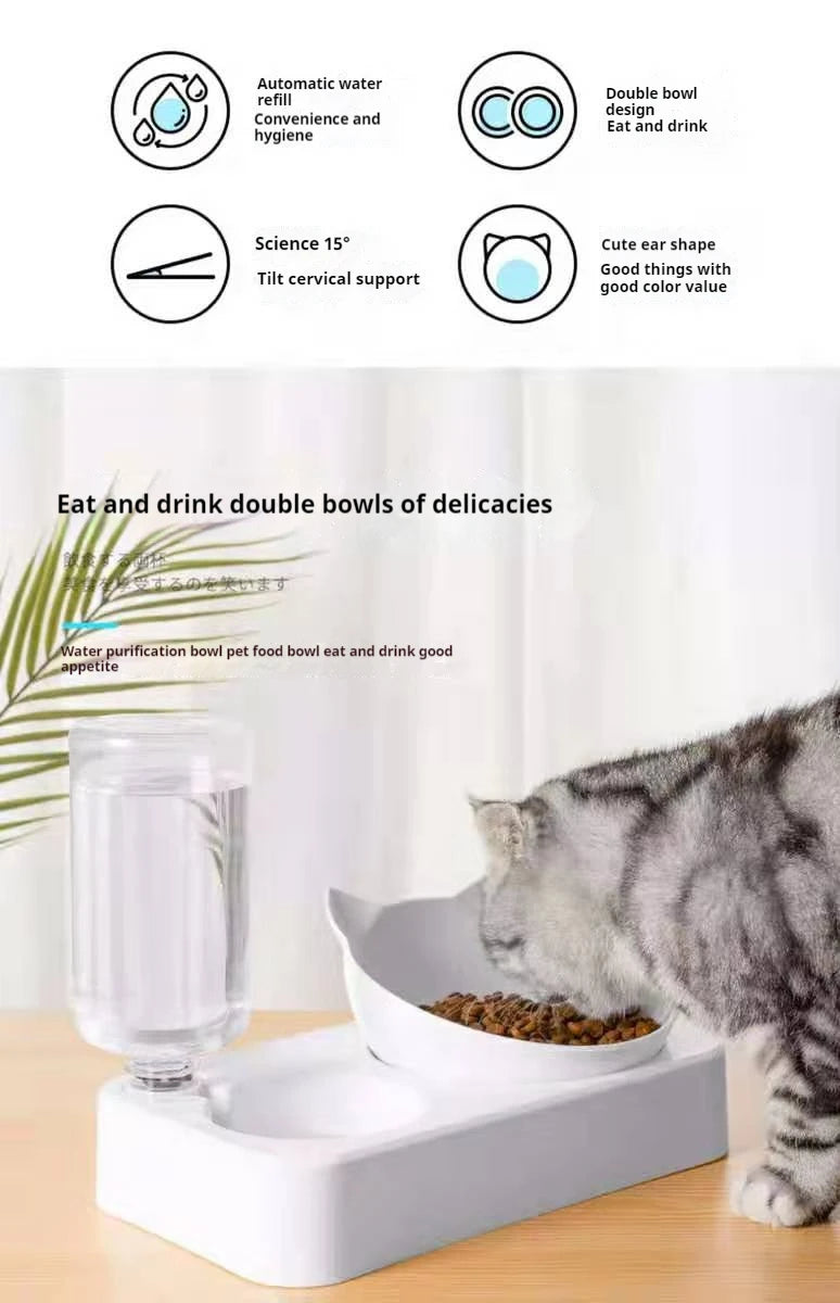 Double Cat Bowl for food & water with Automatic Water Bottle-Pet Feeder