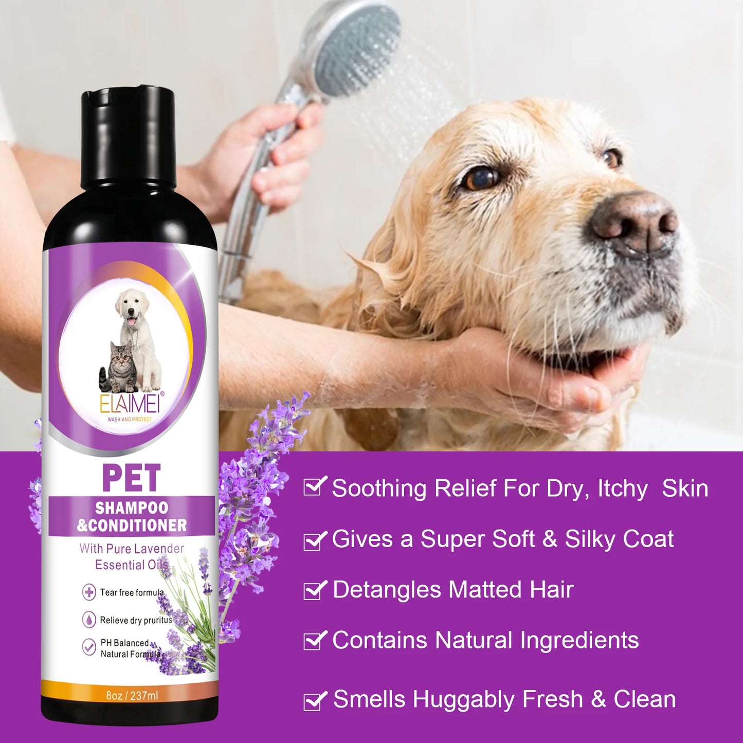 Pet shampoo for cats & dogs, care for hair, relieve dryness and itching, eliminate body odor