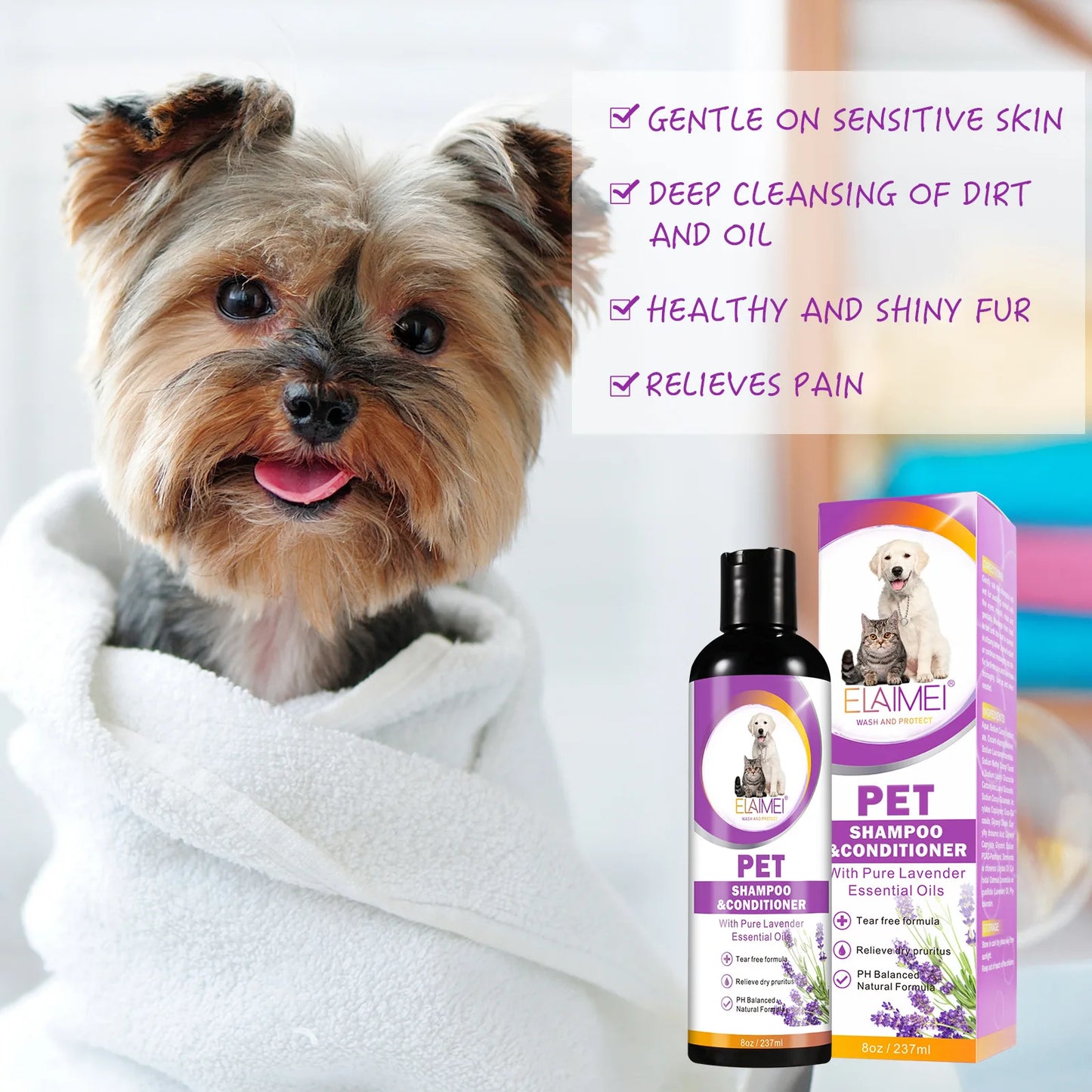 Pet shampoo for cats & dogs, care for hair, relieve dryness and itching, eliminate body odor