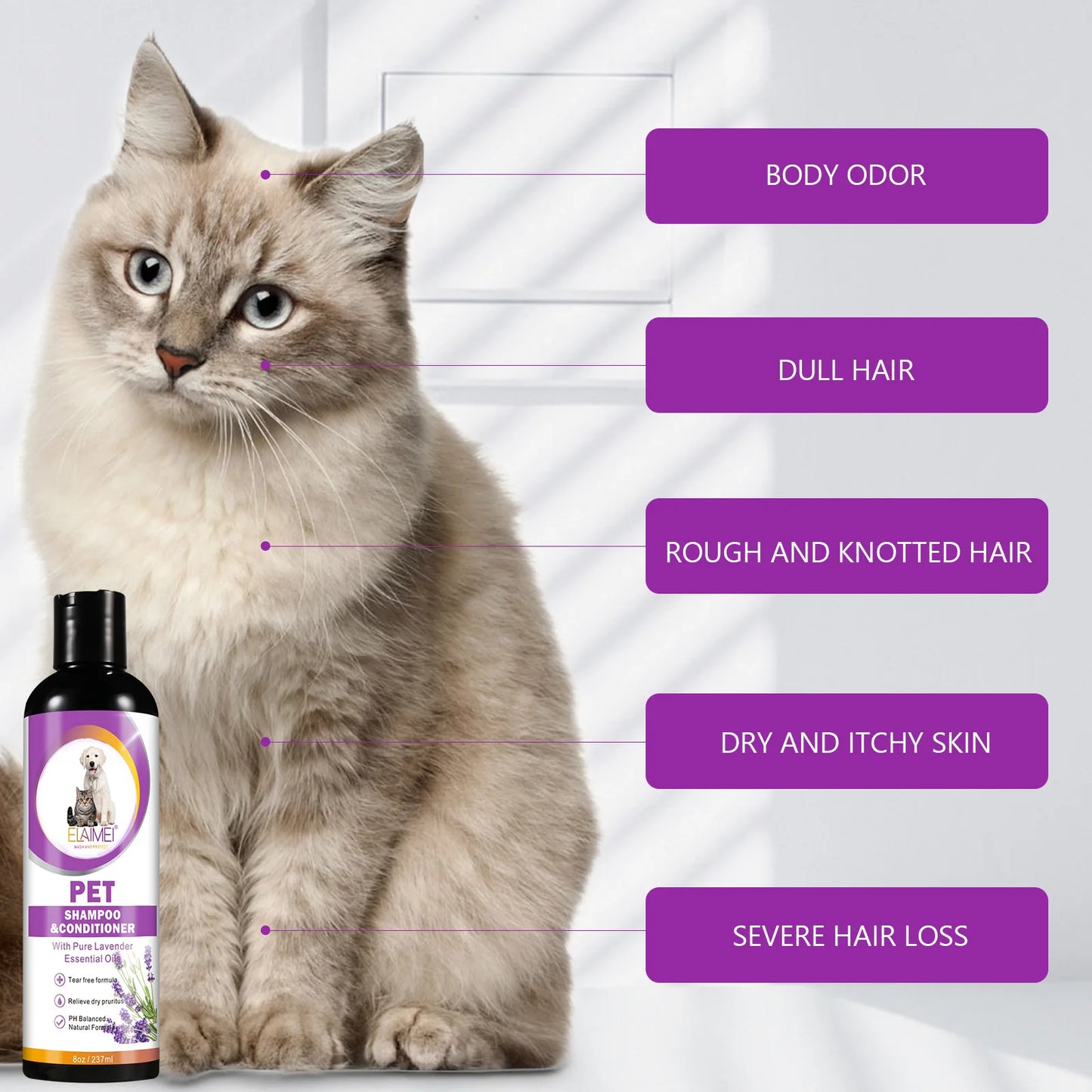 Pet shampoo for cats & dogs, care for hair, relieve dryness and itching, eliminate body odor