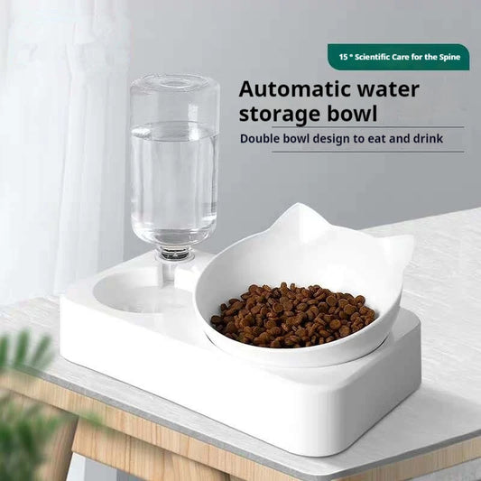 Double Cat Bowl for food & water with Automatic Water Bottle-Pet Feeder